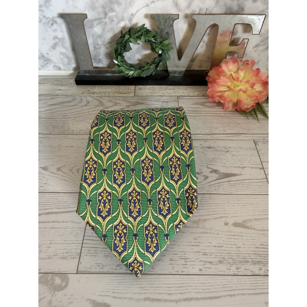 Paul Fredrick Silk Tie 4" Wide Green Blue Gold Ornate Medallion Classic Executiv - Picture 14 of 16